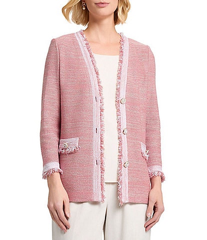MISOOK Knit Heritage Fringe Trim Melange V-Neck Bracelet Sleeve Jacket