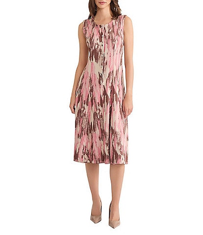 Misook Knit Jacquard Brushstroke Print Scoop Neck Sleeveless Button Front Fit And Flare Midi Dress