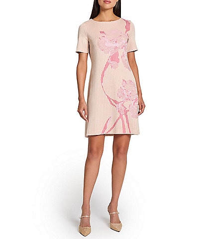 MISOOK Knit Jacquard Floral Print Round Neck Short Sleeve Dress
