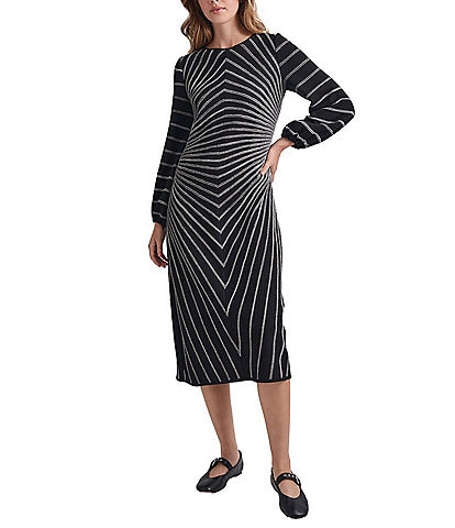 MISOOK Knit Melange Stripe Boat Neck Long Sleeve Midi Dress