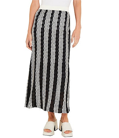 MISOOK Knit Pointelle Wavy Stripe Print No-Roll Elastic Waist A-Line Pull-On Midi Skirt