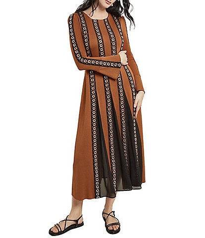 MISOOK Knit Sheer Woven Grommet Scoop Neck Long Sleeve Maxi A-Line Dress