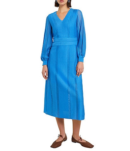 MISOOK Knit V-Neck Long Bishop Sleeve A-Line Midi Dress
