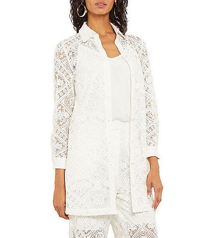 MISOOK Lace Woven Point Collar Long Sleeve Button-Front Jacket