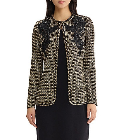 MISOOK Lurex Tweed Metallic Knit Lace Applique Long Sleeve Jacket