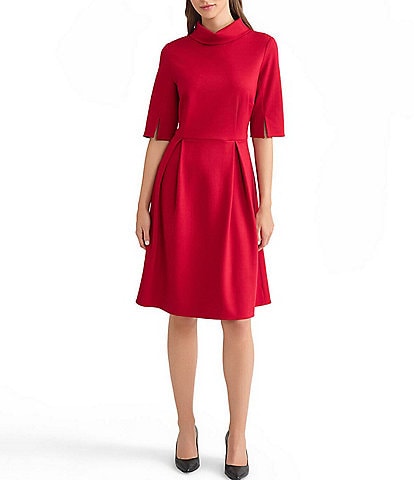 MISOOK Luxe Stretch Ponte Fold Collar Neck Elbow Sleeve A-Line Dress
