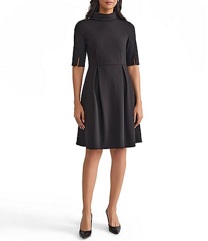 MISOOK Luxe Stretch Ponte Fold Collar Neck Elbow Sleeve A-Line Dress