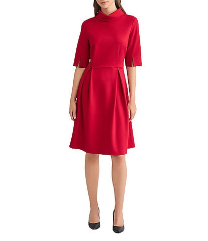MISOOK Luxe Stretch Ponte Fold Collar Neck Elbow Sleeve A-Line Dress