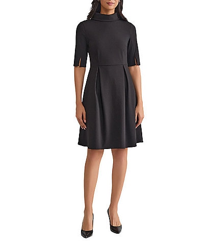MISOOK Luxe Stretch Ponte Fold Collar Neck Elbow Sleeve A-Line Dress