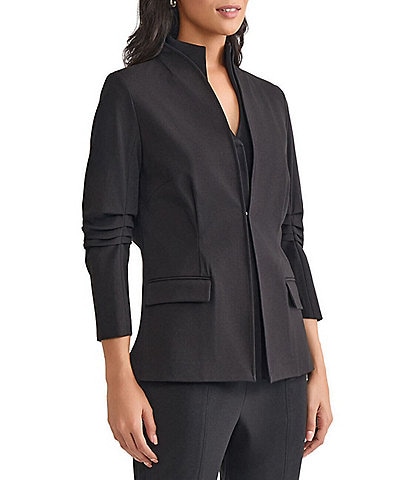 MISOOK Luxe Stretch Ponte Modified Mandarin Collar 3/4 Pleated Sleeve Blazer