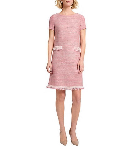 MISOOK Melange Knit Round Neck Short Sleeve Fringe Trim Shift Dress