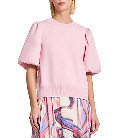 MISOOK Mix Media Round Neck Puff Sleeve Top