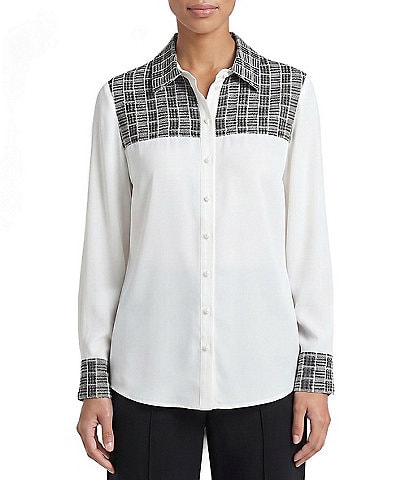 MISOOK Mixed-Media Point Collar Long Sleeve Button-Front Blouse