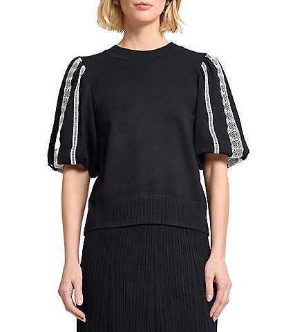 MISOOK Mixed Media Round Neck Lace Short Puff Sleeve Top