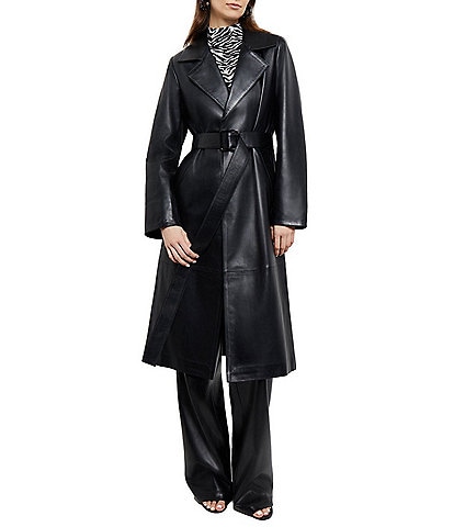 MISOOK Notch Collar Long Sleeve Belted Long Leather Trench Coat