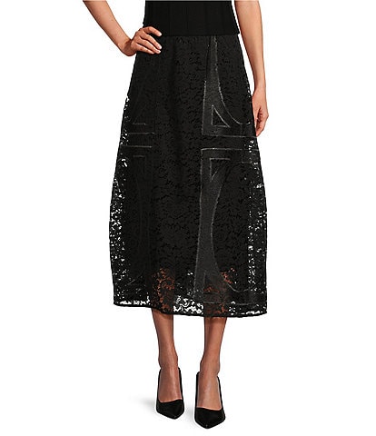 MISOOK Novelty Textured Woven Side Panel Trim Floral Lace A-Line Maxi Skirt