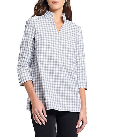 MISOOK Plaid Pleated Stand Collar V-Neck 3/4 Sleeve Tunic