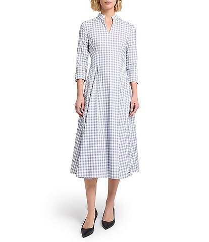 MISOOK Plaid Print Mandarin Split V-Neck 3/4 Sleeve Fit-And-Flare Midi Dress