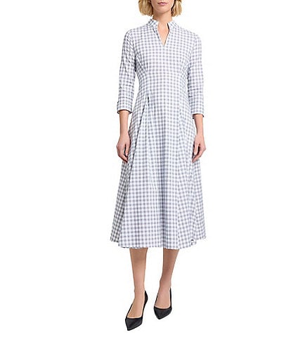 MISOOK Plaid Print Mandarin Split V-Neck 3/4 Sleeve Fit-And-Flare Midi Dress