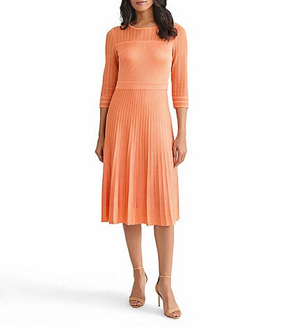 MISOOK Pleated Geometric Knit Round Neck Elbow Sleeve Fit-And-Flare Dress