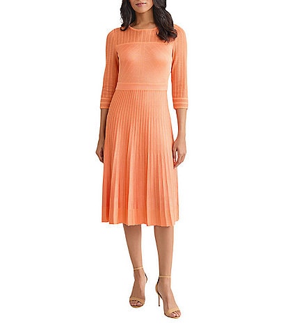 MISOOK Pleated Geometric Knit Round Neck Elbow Sleeve Fit-And-Flare Dress