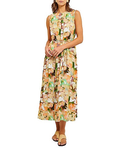 MISOOK Pleated Watercolor Print Crew Neck Sleeveless Belted Maxi Dress