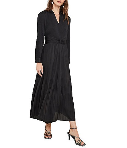 MISOOK Plisse Pleated Woven V-Neck Long Sleeve A-Line Maxi Dress