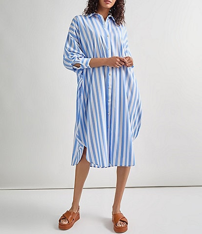 MISOOK Point Collar Long Sleeve Oversized Button Front Midi Shirt Dress