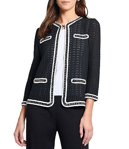 MISOOK Pointelle Open Knit Chain Trim Round Neck Bracelet Sleeve Jacket