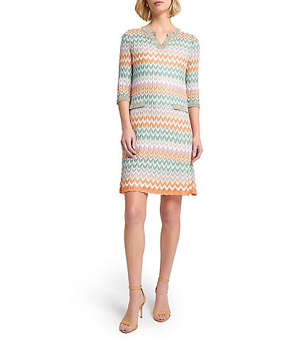 MISOOK Pointelle Zigzag Knit Split V-Neck Elbow Sleeve Shift Dress