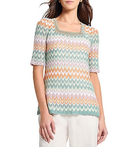 MISOOK Pointelle ZigZag Knit Square Neck Elbow Sleeve Tunic