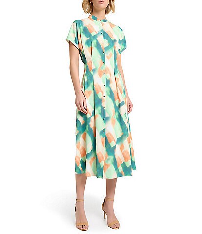 MISOOK Printed Crepe De Chine Mandarin Collar Short Sleeve Fit And Flare Maxi Dress