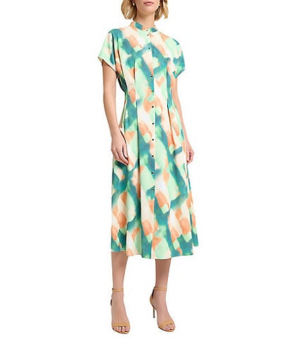 MISOOK Printed Crepe De Chine Mandarin Collar Short Sleeve Fit And Flare Maxi Dress