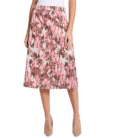 Misook Printed Crepe De Chine Pull-On Midi Skirt