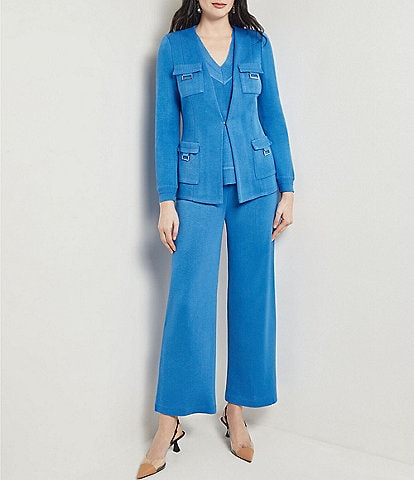 MISOOK Ribbed Knit Open Neck Long Sleeve Tailored Jacket & Coordinating Straight Leg Ankle Pants