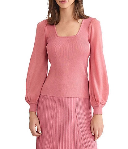 MISOOK Ribbed Knit Square Neck Balloon Sleeve Top