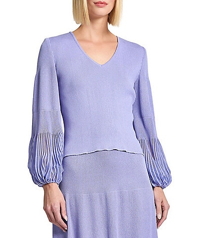 MISOOK Ribbed Knit V-Neck Sheer Bishop Sleeve Top