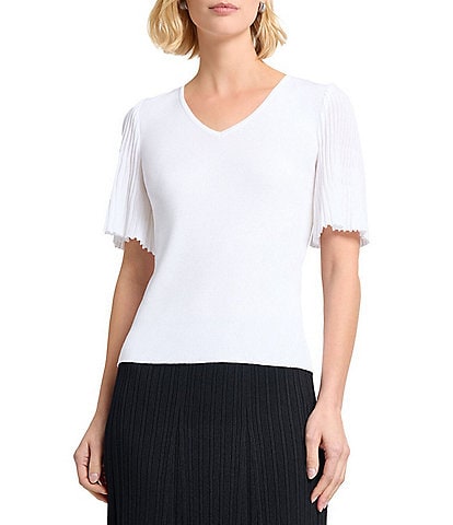 MISOOK Ribbed Knit V-Neck Short Flutter Sleeve Tunic