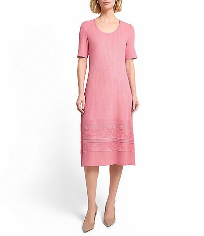 Misook Ribbed Soft Knit Scoop Neck Short Sleeve A-Line Midi Dress