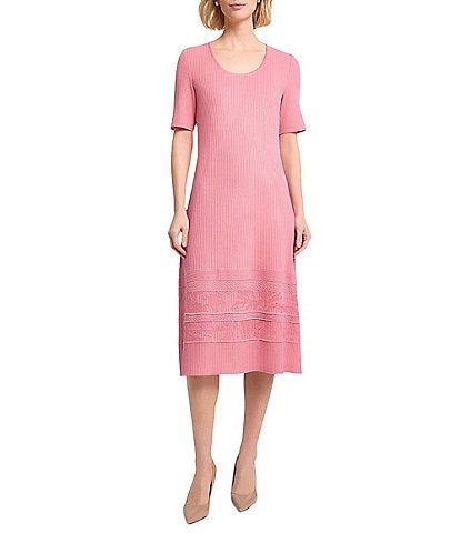 MISOOK Ribbed Soft Knit Scoop Neck Short Sleeve A-Line Midi Dress