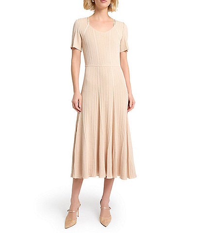 MISOOK Ribbed Soft Knit V-Neck Short Sleeve Fit-And-Flare Midi Dress