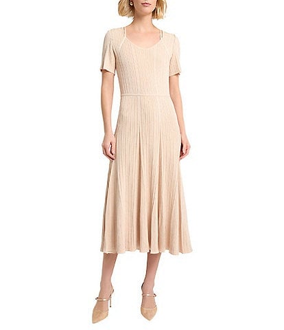 MISOOK Ribbed Soft Knit V-Neck Short Sleeve Fit-And-Flare Midi Dress