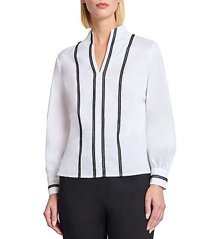 MISOOK Ribbon Trim Stand Collar Split V-Neck Long Sleeve Blouse