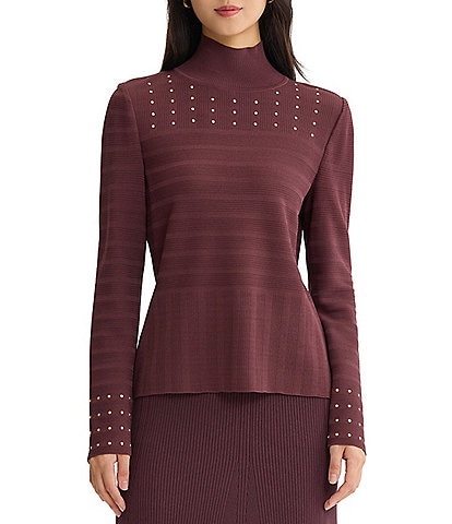MISOOK Shadow Stripe Ribbed Knit Mock Neck Long Sleeve Metallic Stud Embellished Top
