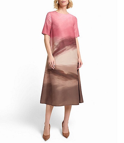 MISOOK Shantung Textured Landscape Pattern Jewel Neck Short Sleeve Midi Dress