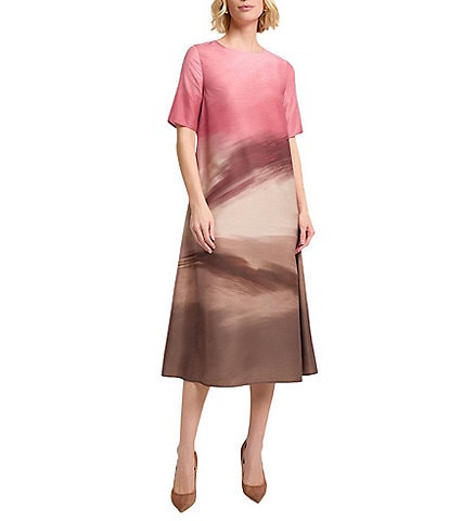 MISOOK Shantung Textured Landscape Pattern Crew Neck Short Sleeve Midi Dress