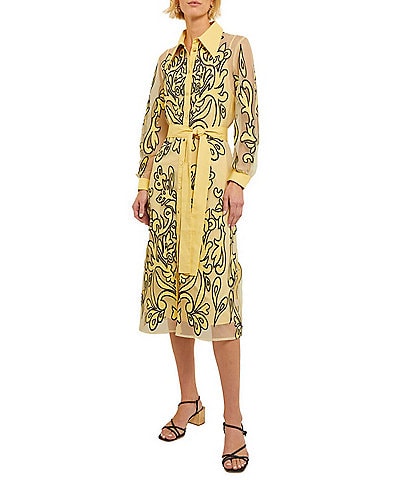 MISOOK Sheer Woven Applique Pattern Point Collar Long Sleeve Belted Midi Shirt Dress