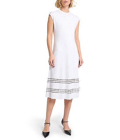 MISOOK Soft Knit Round Neck Cap Sleeve Scallop Trim A-Line Midi Dress
