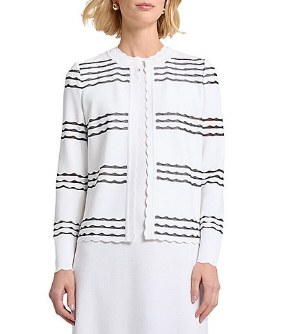 MISOOK Soft Knit Stripe Round Neck Long Sleeve Scallop Jacket