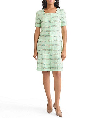 MISOOK Soft Plaid Knit Square Neck Short Sleeve A-Line Dress